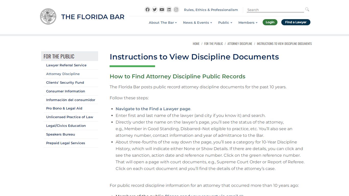 Instructions to View Discipline Documents - The Florida Bar